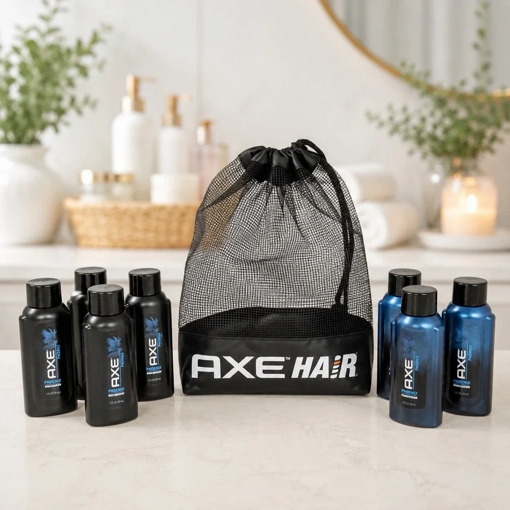 AXE Primed Just Clean Travel Size Shampoo Lot 7 Bottles w/ Mesh Bag 1.7 oz Rare